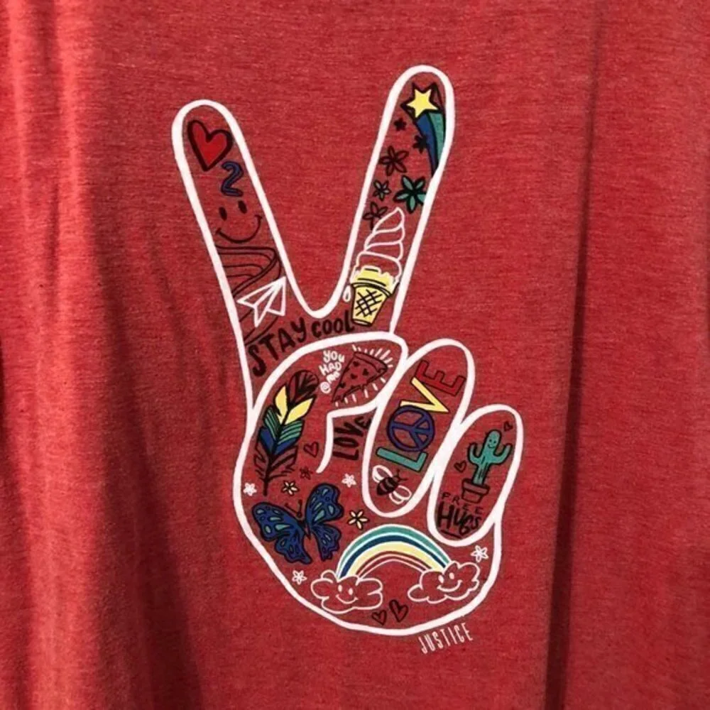 Justice Active Shirt Red Peace Sign Boho Hippie
